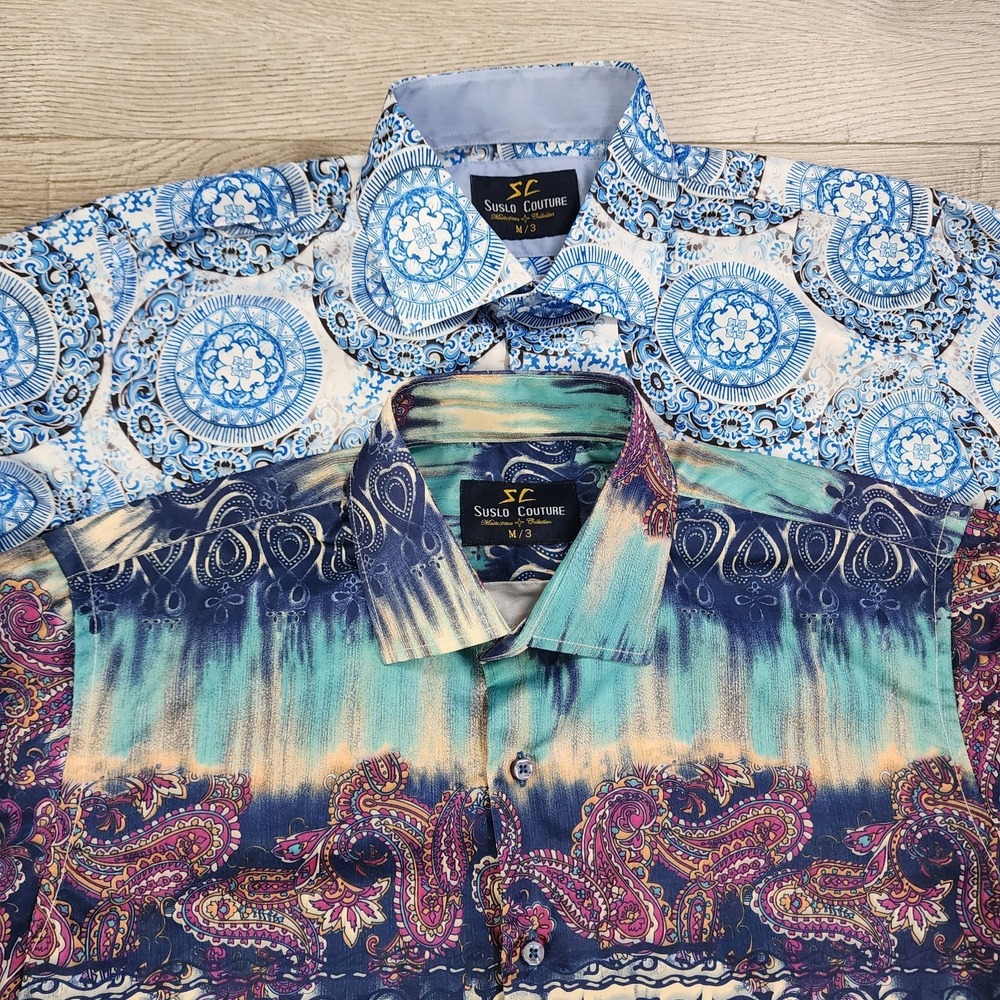 Suslo Couture Men's M Paisley Button Up Shirt‎ Flip Cuffs Colorful Lot of 2 NWOT